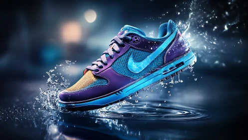 Dynamic splash of a colorful athletic sneaker in motion glow