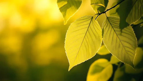 Sunlit leaves basking in a soft golden forest glow.