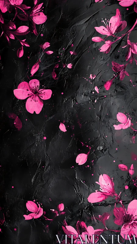 Pink Petals Cascade Against Textured Black Surface.