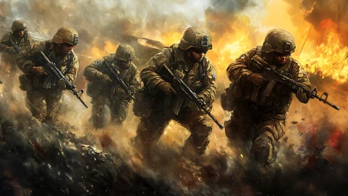 Firestorm march of modern soldiers through raging inferno.