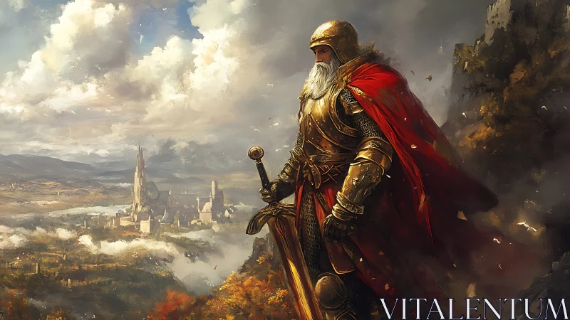 Weathered knight watching over a sunlit fantasy kingdom.