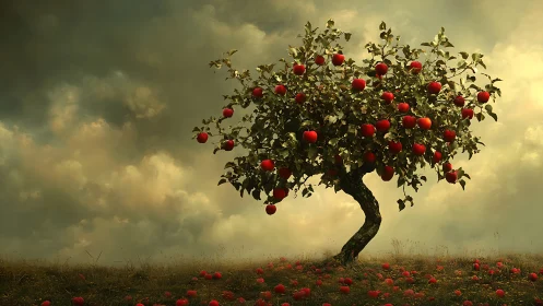 Atmospheric apple tree under turbulent volumetric sky field.