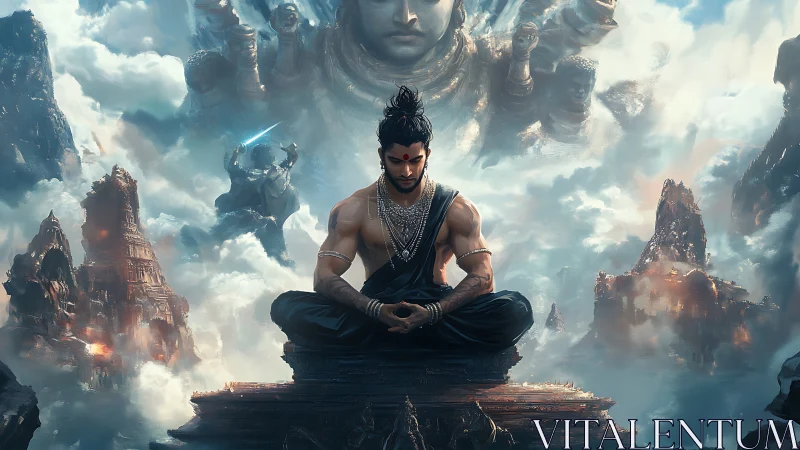 Serene warrior in cosmic meditation among ancient peaks.