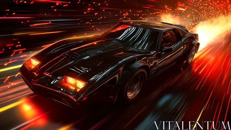 Sleek black muscle car erupts through neon trails in motion