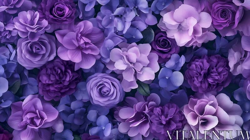 Purple Floral Composition with Layered Roses, Hydrangeas, and Ornamental Petals.