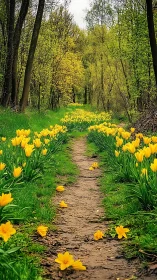 Yellow tulip path winds through lush spring woodland.