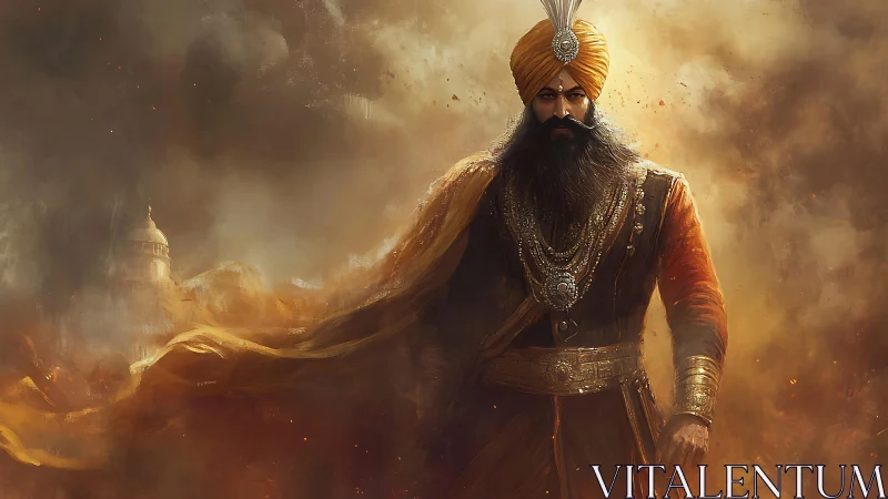 Regal Sikh warrior in golden battle haze with ornate armor