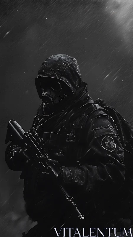 Tactical soldier in gas mask under driving rainstorm.