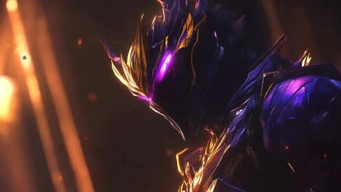 Armored dark figure with glowing purple visor in profile.