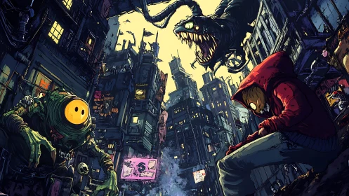 Dystopian alley confrontation with hooded figure and mutant entities