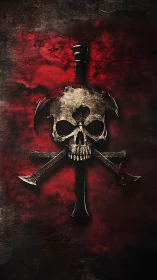 Bold skull and blades emblem glowing in deep crimson haze.