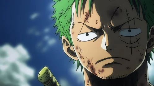 Scarred green-haired swordsman glares under a bright sky.