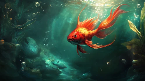 Digital painting of luminous goldfish in deep aquatic chamber.
