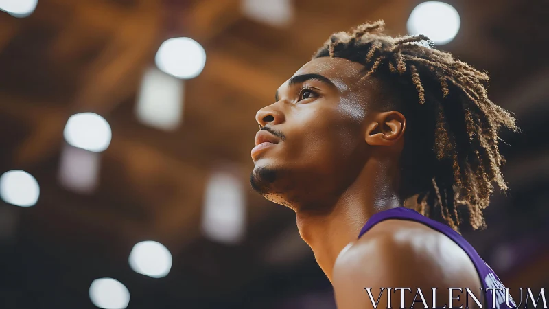 Intense courtside portrait of focused basketball athlete.