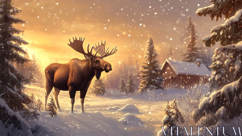 Moose in sunlit alpine snowfall near wooden winter cabin