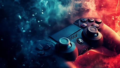 Gaming controller glows within dual-color smoke vortex.