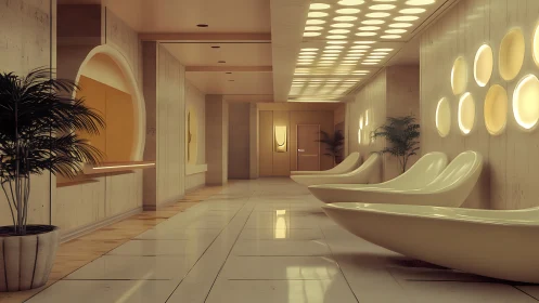 Parametric lounge corridor with retro-futurist luminance grid.