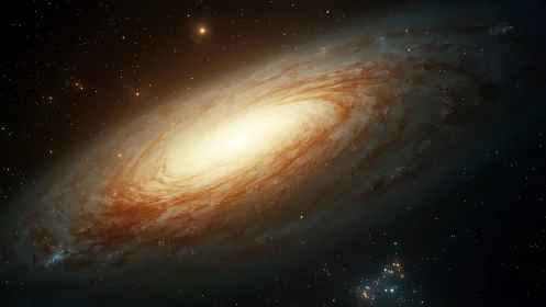 Spiral galaxy glows with luminous core and dust lanes.