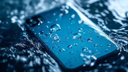 Smartphone Submerged in Dynamic Water with Crystalline Droplets