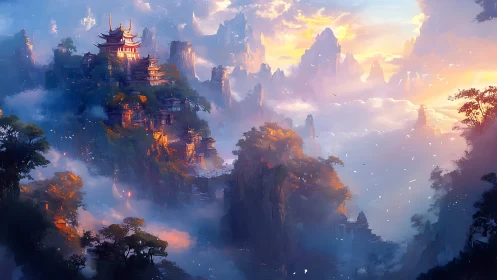 Mountain temples in layered mist with warm sunrise light.