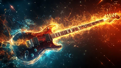 Electric guitar blazes with fire and sparks in vivid motion