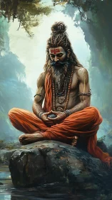 Peaceful forest sage in quiet orange-robed meditation.