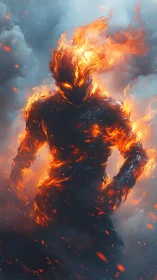 Flaming humanoid figure strides through smoke and embers.