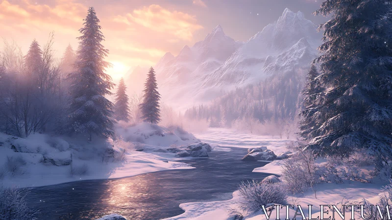 Winter alpine river valley at sunrise with frosted conifers