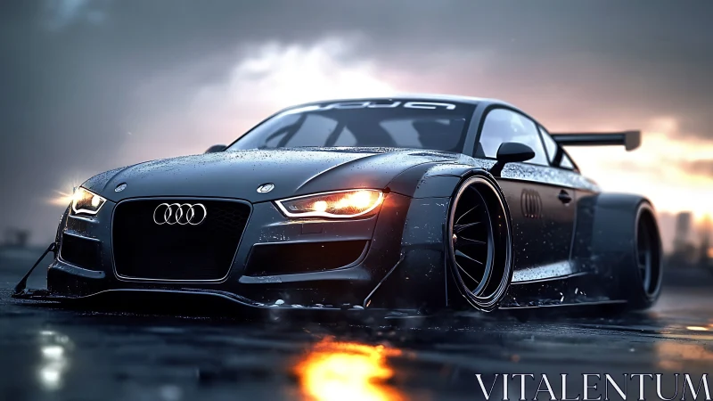 Low-slung Audi race car roars over a rain-soaked track.