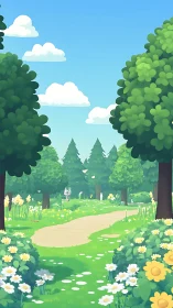 Luminous forest pathway rendered in digital illustration with chromatic depth.