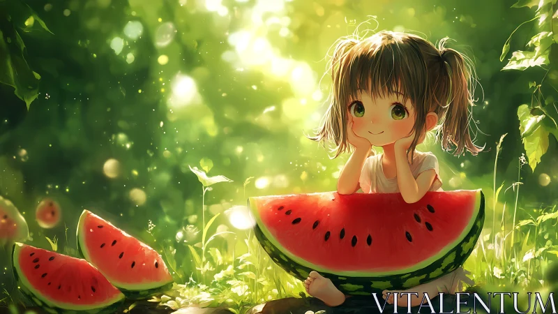 Summer anime girl with watermelon in glowing garden.
