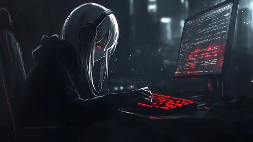 Focused anime hacker girl at glowing red keyboard workstation.