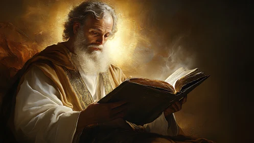 Luminous elder reading a glowing ancient book of wonders.