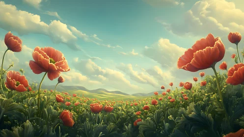 Rustling poppies lean into a sunlit, cloud-brushed morning