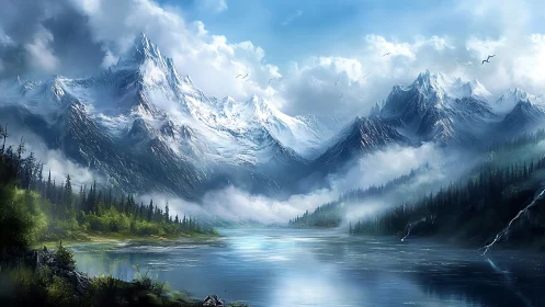 Snow-covered alpine mountains above reflective lake surface.