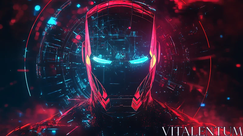 Futuristic armored hero gazes out from glowing digital chaos