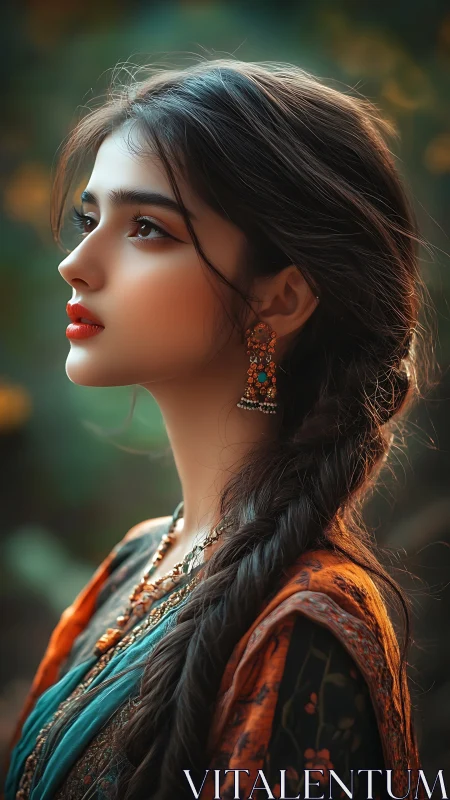 Elegant woman in profile gazes upward in soft golden dusk