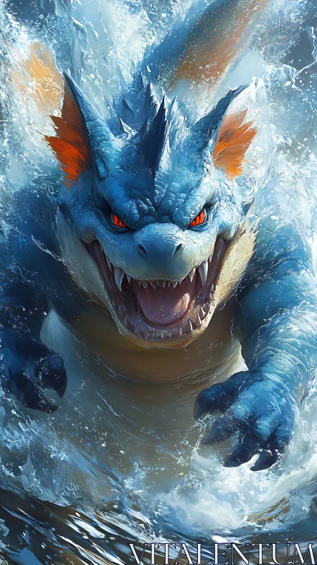 Water dragon monster bursts forward through crashing surf