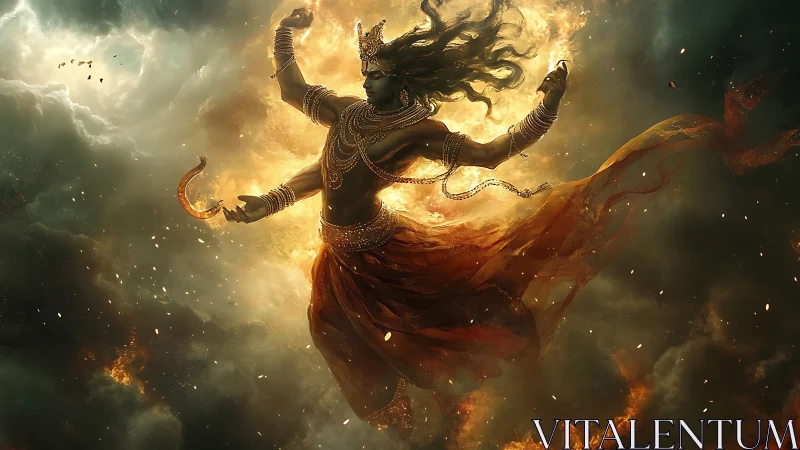Divine warrior dancing through cosmic firestorm clouds.