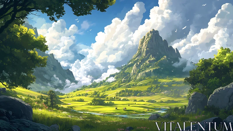 Luminous pastoral valley beneath stratocumulus-clad granite spire.