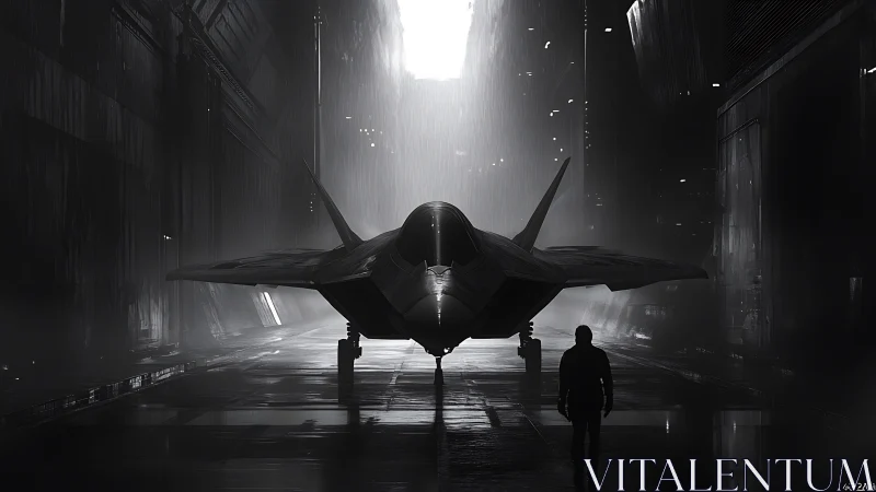 Midnight hangar meeting with a lone futuristic jet waiting.