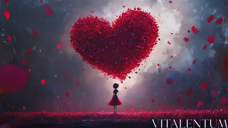 Girl Beneath Massive Heart Crafted from Floating Petals.