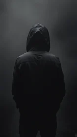 Hooded figure stands alone in dark misty low key lighting