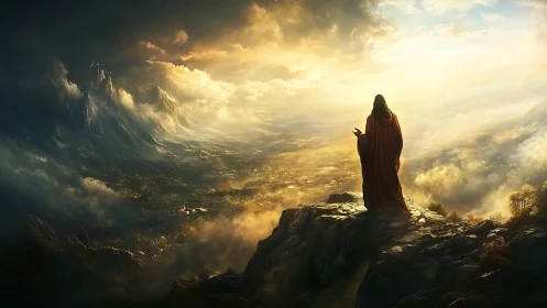 Robed figure stands on cliff edge above glowing valley