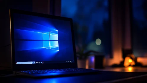 Windows laptop glows over dark desk in moody blue light.