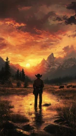 Lone cowboy studies molten sunset over alpine valley stream