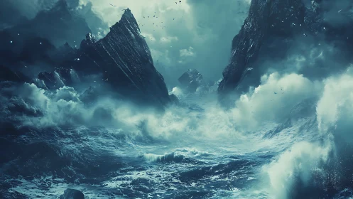 Storm-sculpted ocean devours jagged midnight cliffs