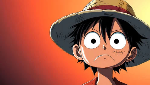 Straw hat boy in intense anime close-up portrait study.