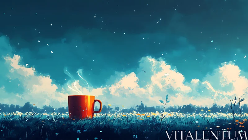 Digital painting of red mug in dreamlike wildflower meadow.