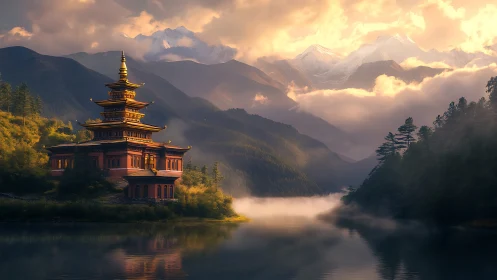 Golden temple glows beside misty lake under dramatic peaks